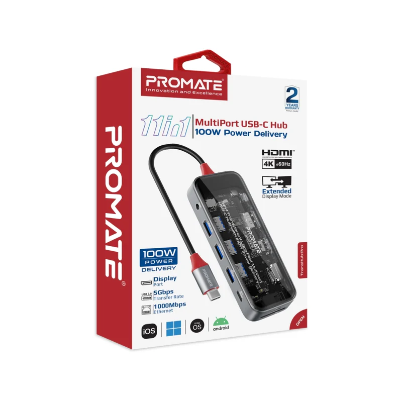 Promate TransHub-Pro USB-C Hub 11-in-1 Multi-Display 2x 4K HDMI 4K DisplayPorts Promate TransHub-Pro USB-C Hub 11-in-1 Multi-Display 2x 4K HDMI 4K DisplayPorts